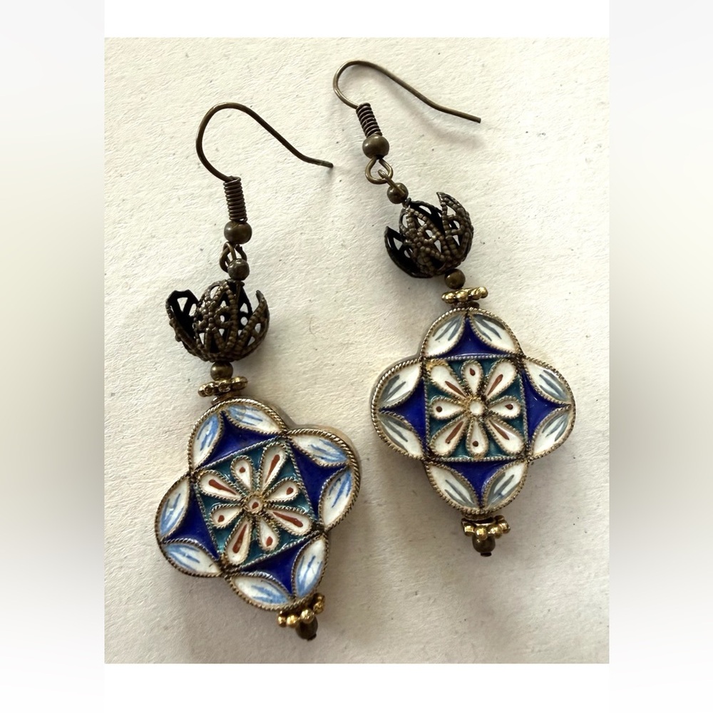Sterling Silver Blue  Enamel Cloisonne Drop Earrings